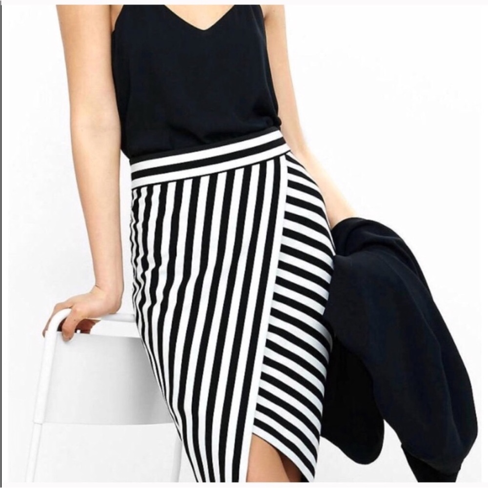 White and Black Stripe Asymmetrical Pencil Skirt